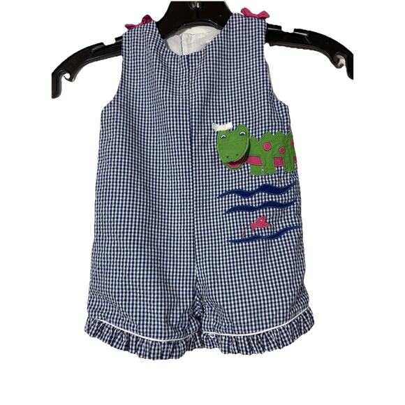 Blue and White Gingham Romper Alligator Crocodile Open Mouth Girls 6 Month Bows - Picture 1 of 13